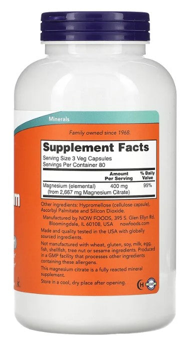 Magnesium Citrate 240 Veg Capsules, by NOW