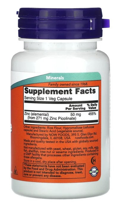 Zinc Picolinate 50 mg 30 Veg Capsules, by NOW