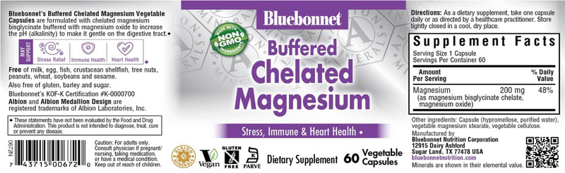 Buffered Chelated Magnesium, 200 mg 60 Vegetable Capsules, by Bluebonnet