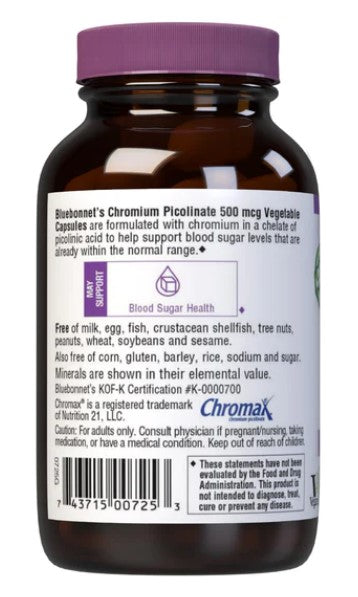 Chromium Picolinate 500 mcg, 100 Vegetable Capsules, by Bluebonnet