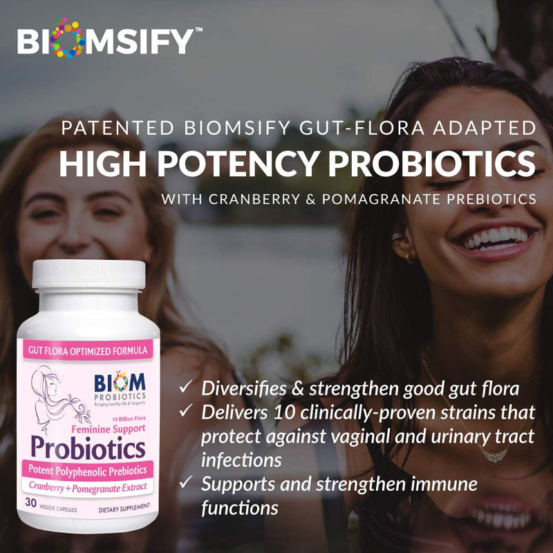 Feminine Support Probiotics - Potent Polyphenolic Prebiotics with Cranberry + Pomegranate Extract - 30 Veggie Capsules