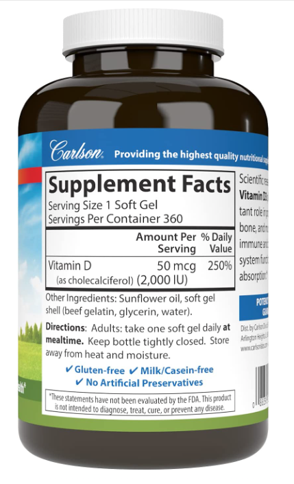 Vitamin D3, 2000 IU (50 mcg), 360 Soft Gels, by Carlson