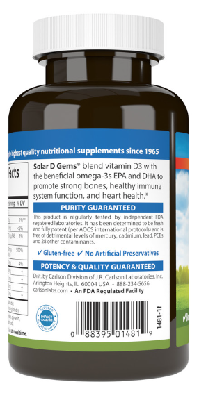 Solar D Gems 4000 IU (100 mcg) Vitamin D3 Plus Omega-3s 120 Soft Gels, by Carlson