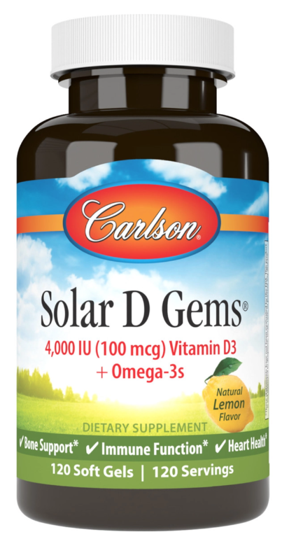 Solar D Gems 4000 IU (100 mcg) Vitamin D3 Plus Omega-3s 120 Soft Gels, by Carlson