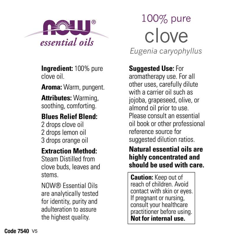 NOW Essential Oils, Clove Oil, Balancing Aromatherapy Scent, Steam Distilled, 100% Pure, Vegan, Child Resistant Cap, 1-Ounce