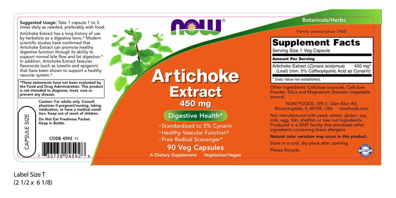 Artichoke Extract 450 mg 90 Veg Capsules | By Now Foods - Best Price