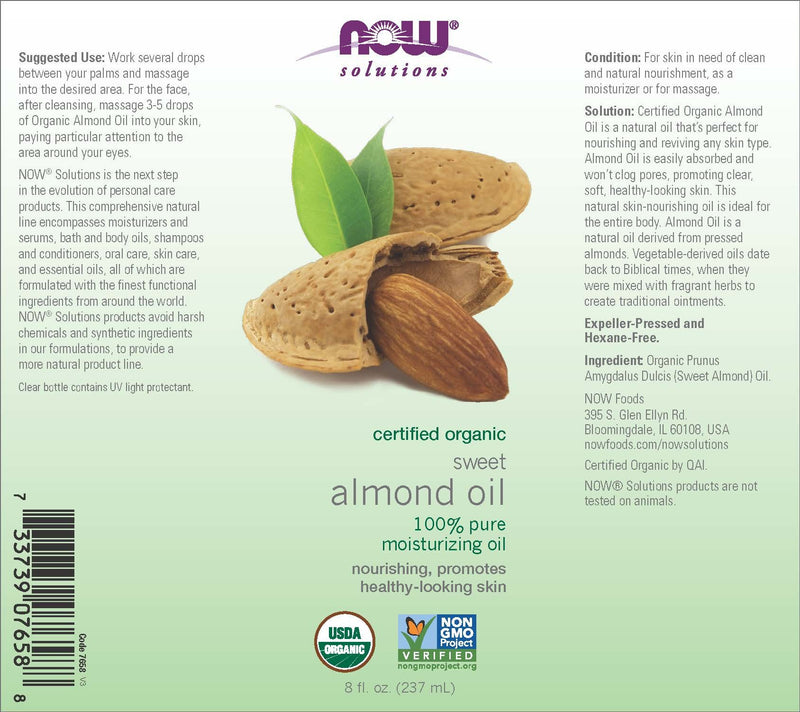 Now Solutions - Sweet Almond Oil Certified Organic 8 fl oz (237 ml)